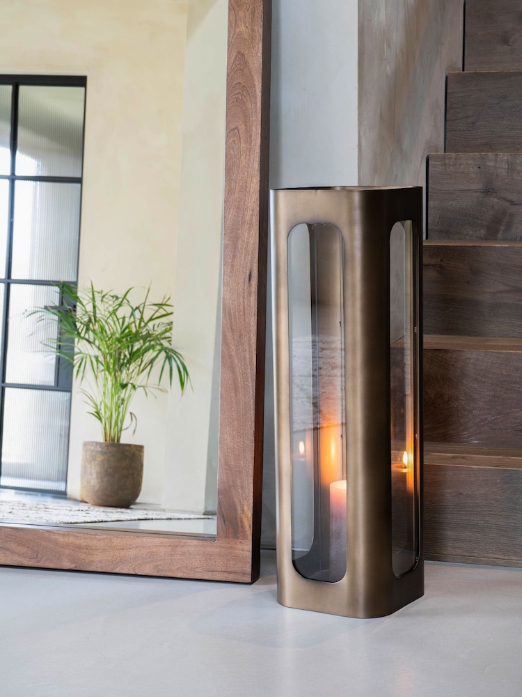 Libra Interiors Smoked Gold Clear Glass Large Thorpe Metal and Glass Hurricane 78cm - Image 1 of 6