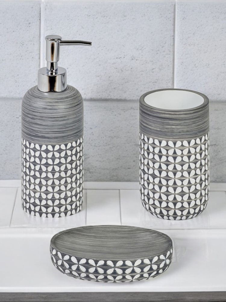 Showerdrape 4 Piece Grey Ravello Geo Floral Bathroom Accessory Set - Image 1 of 5