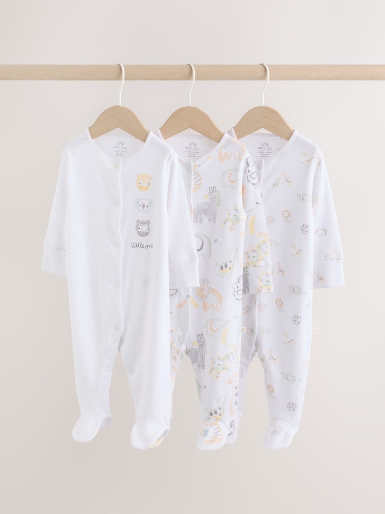 White Safari Baby Sleepsuits 3 Pack - Image 1 of 13