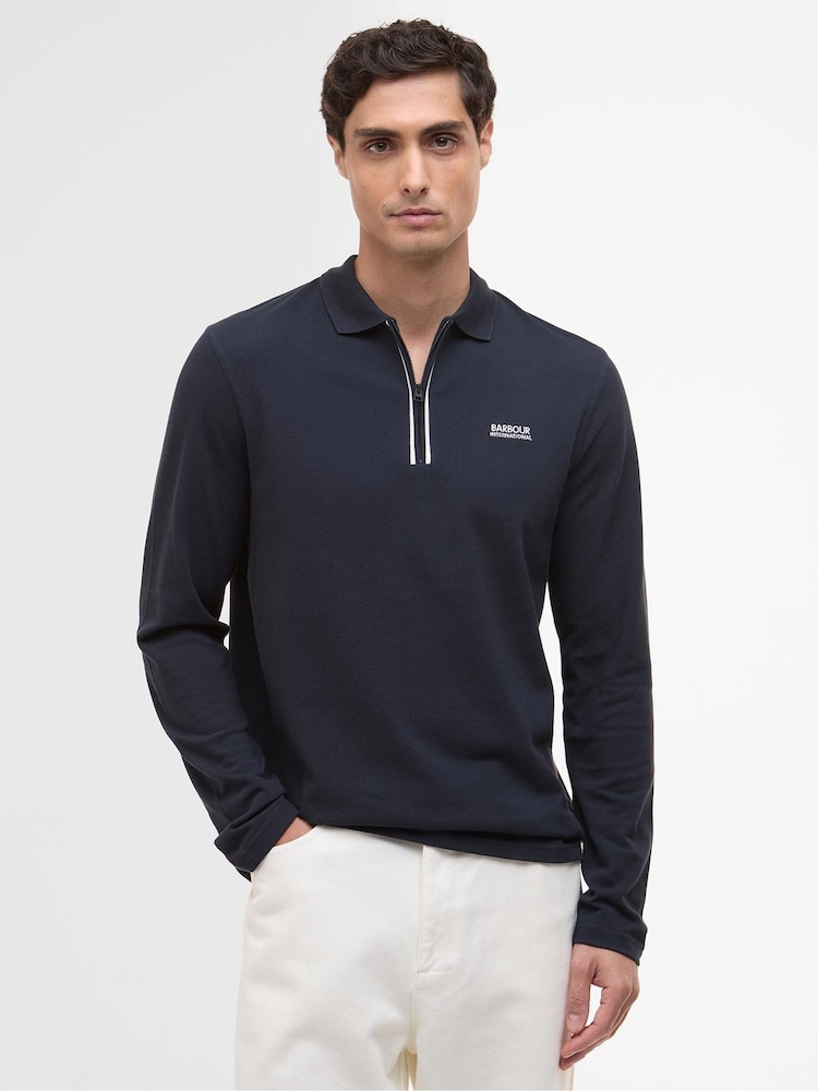 Barbour® International Blue Marshall Long Sleeve Zipped Polo Shirt - Image 1 of 5 Barbour® International Blue Marshall Long Sleeve Zipped Polo Shirt - Image 1 of 5