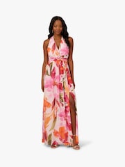 Adrianna Papell Pink Floral Chiffon Ring Gown - Image 1 of 6