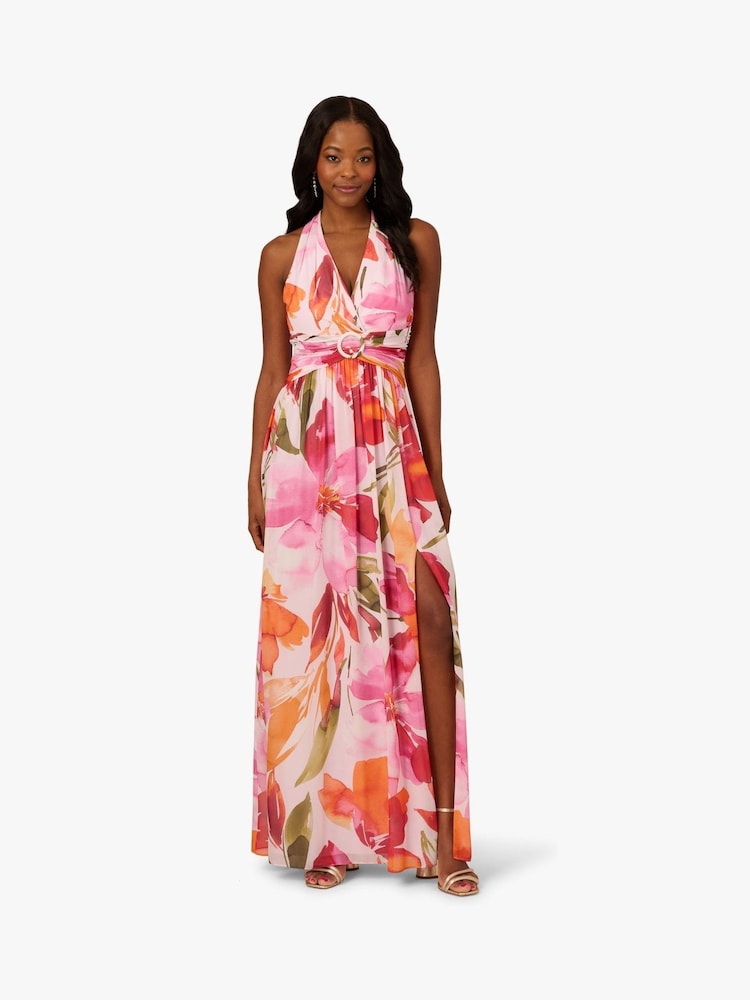 Adrianna Papell Pink Floral Chiffon Ring Gown - Image 1 of 6