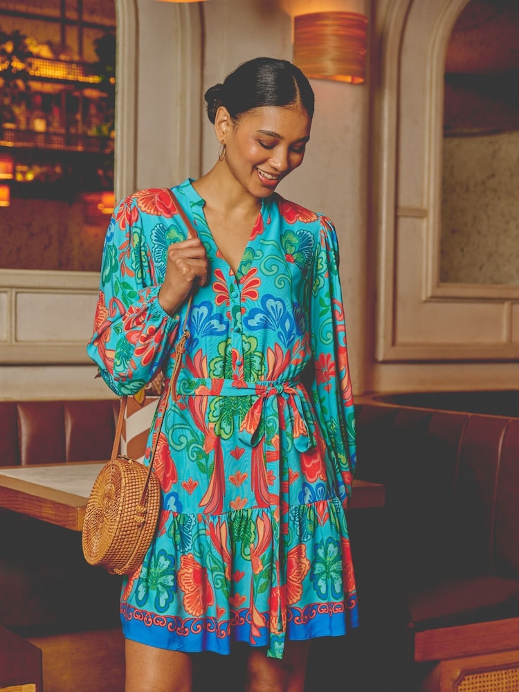 Adrianna By Adrianna Papell Blue Printed Short Dress - Image 1 of 7