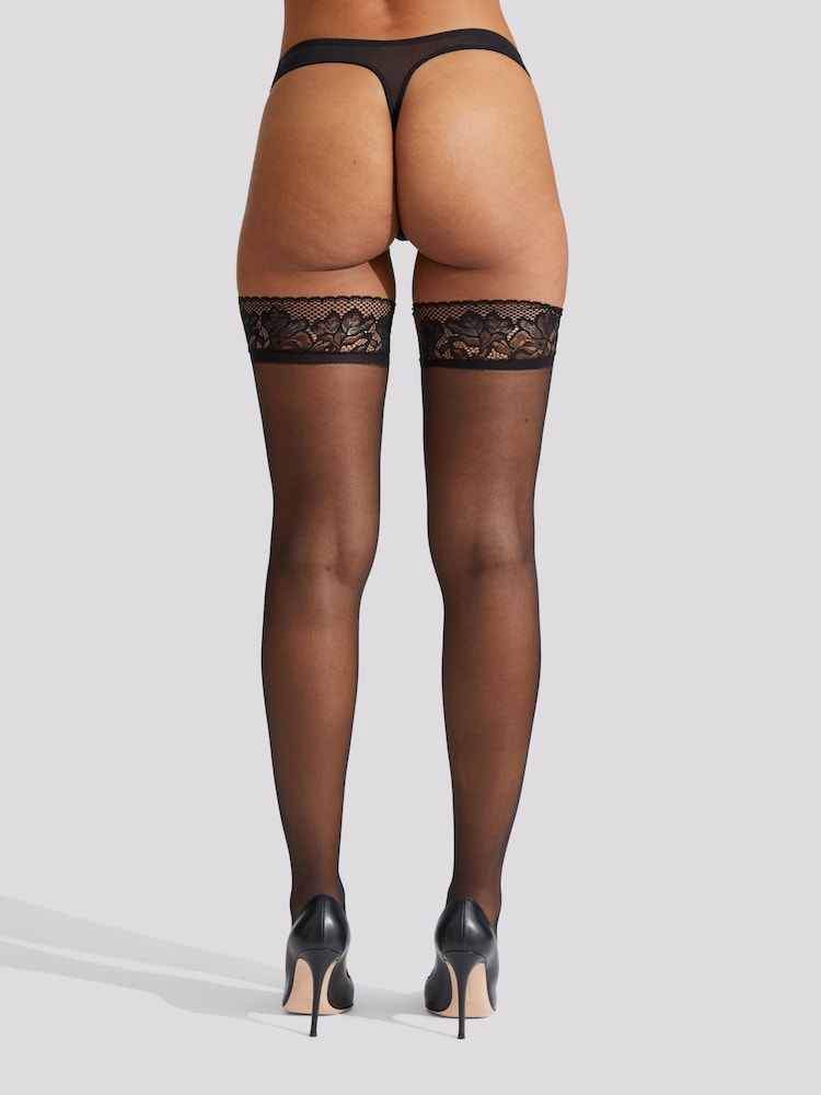 Ann Summers Black Scallop Edged Lace Top 100% Cotton Hold Ups - Image 2 of 4