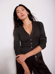 Mint Velvet Brown Metallic Ribbed Knit Cardigan - Image 1 of 7