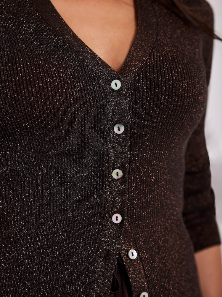 Mint Velvet Brown Metallic Ribbed Knit Cardigan - Image 3 of 7