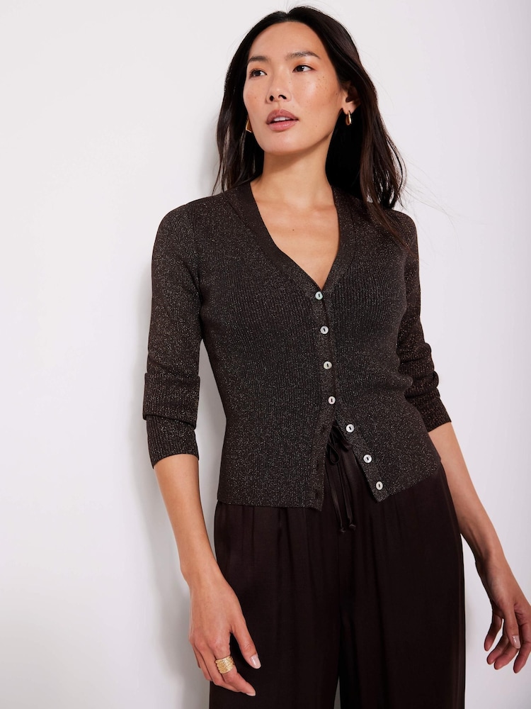 Mint Velvet Brown Metallic Ribbed Knit Cardigan - Image 4 of 7