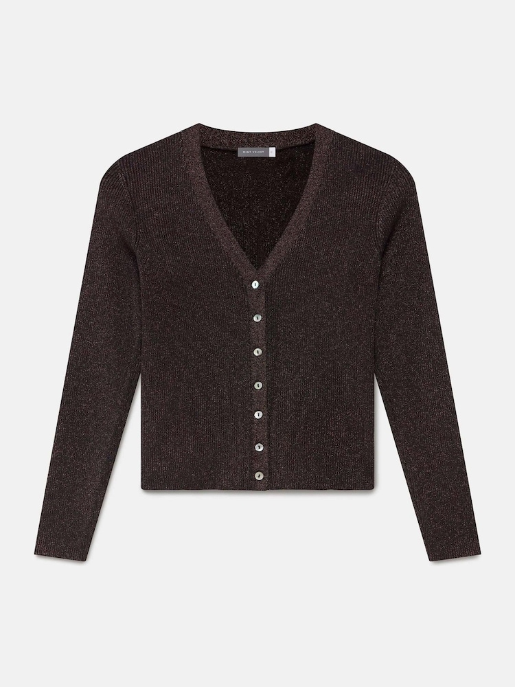 Mint Velvet Brown Metallic Ribbed Knit Cardigan - Image 6 of 7