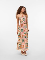 VERO MODA Pink Halterneck Cut Out Back Dress With Smock Detail - Image 1 of 6