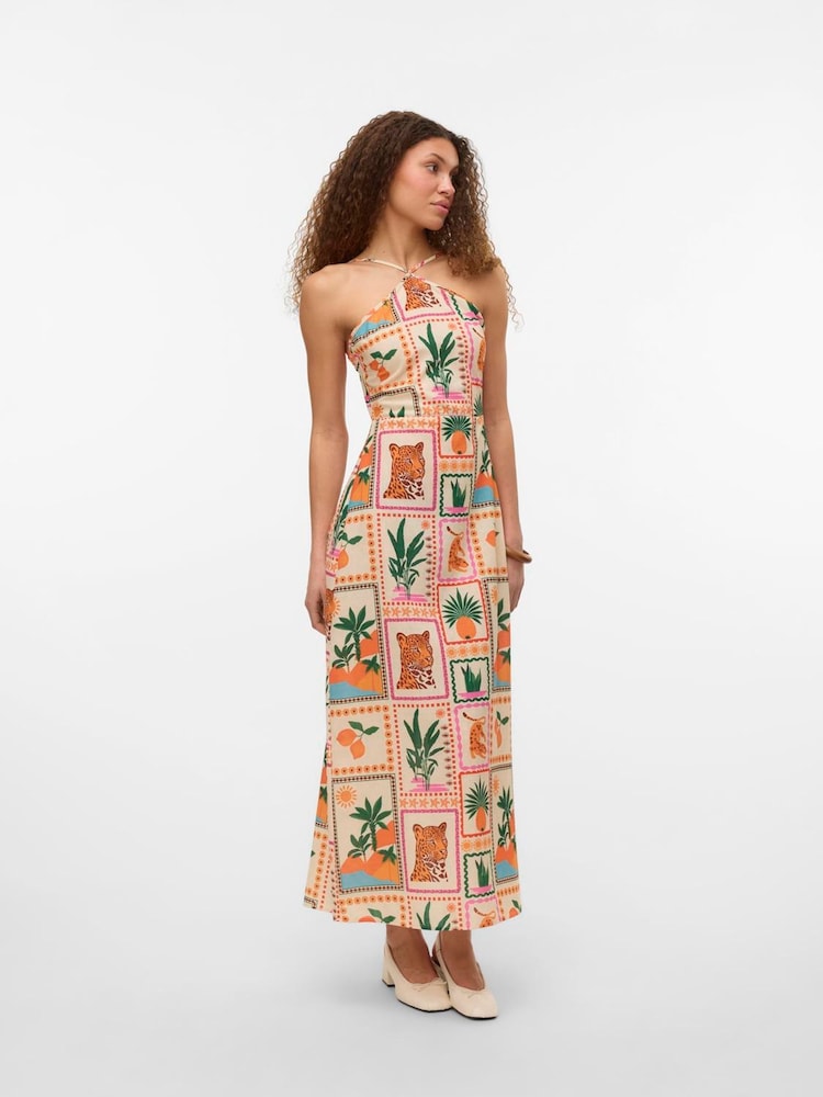 VERO MODA Pink Halterneck Cut Out Back Dress With Smock Detail - Image 1 of 6