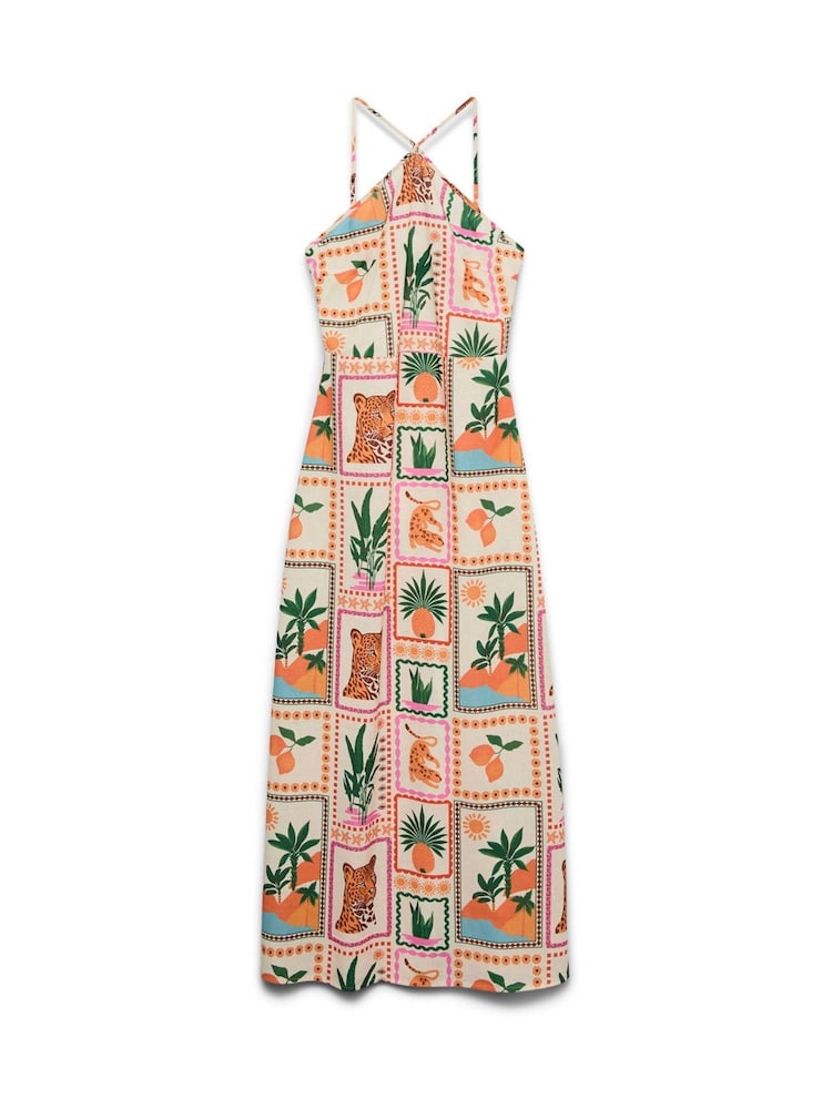 VERO MODA Pink Post Card Tropical Print Halterneck Maxi Dress - Image 5 of 6