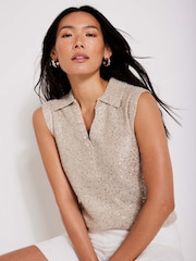Mint Velvet Natural Sequin Polo Top - Image 1 of 9