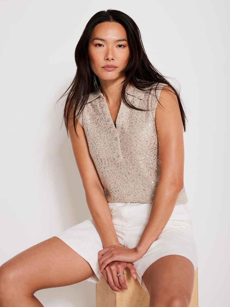 Mint Velvet Natural Sequin Polo Top - Image 2 of 9 Mint Velvet Natural Sequin Polo Top - Image 2 of 9