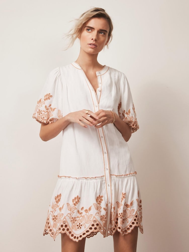 Mint Velvet White Mini Linen Blend Broderie Dress - Image 2 of 8