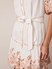 Mint Velvet White Mini Linen Blend Broderie Dress - Image 4 of 8