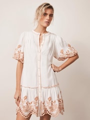 Mint Velvet White Mini Linen Blend Broderie Dress - Image 6 of 8