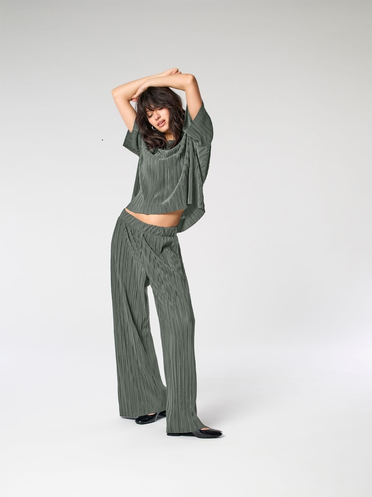 ONLY Grey Plisse Wide Leg Trousers - Image 1 of 5