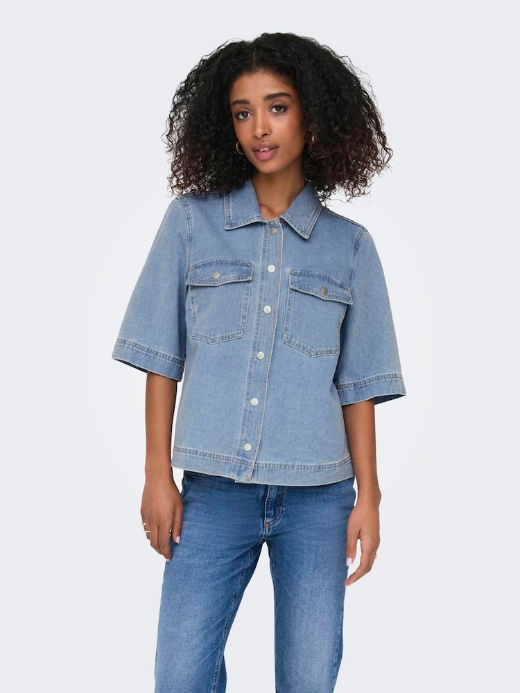 ONLY Blue Short Sleeved Denim 100% Cotton Shirt - Image 2 of 6