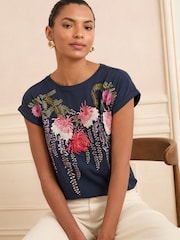 V&A | Love & Roses Navy Floral Petite Embroidered Jersey T-Shirt - Image 1 of 4