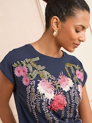 V&A | Love & Roses Navy Floral Petite Embroidered Jersey T-Shirt - Image 2 of 4