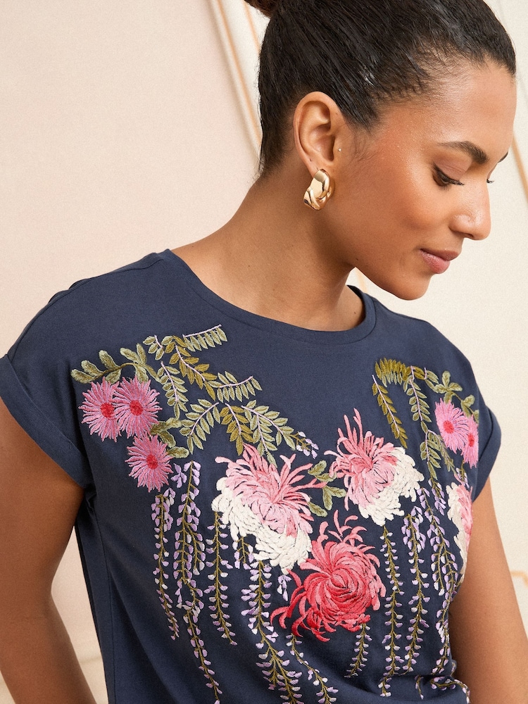 V&A | Love & Roses Navy Floral Petite Embroidered Jersey T-Shirt - Image 2 of 4