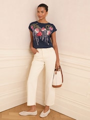 V&A | Love & Roses Navy Floral Petite Embroidered Jersey T-Shirt - Image 3 of 4