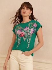 V&A | Love & Roses Teal Blue Floral Petite Embroidered Jersey T-Shirt - Image 1 of 4