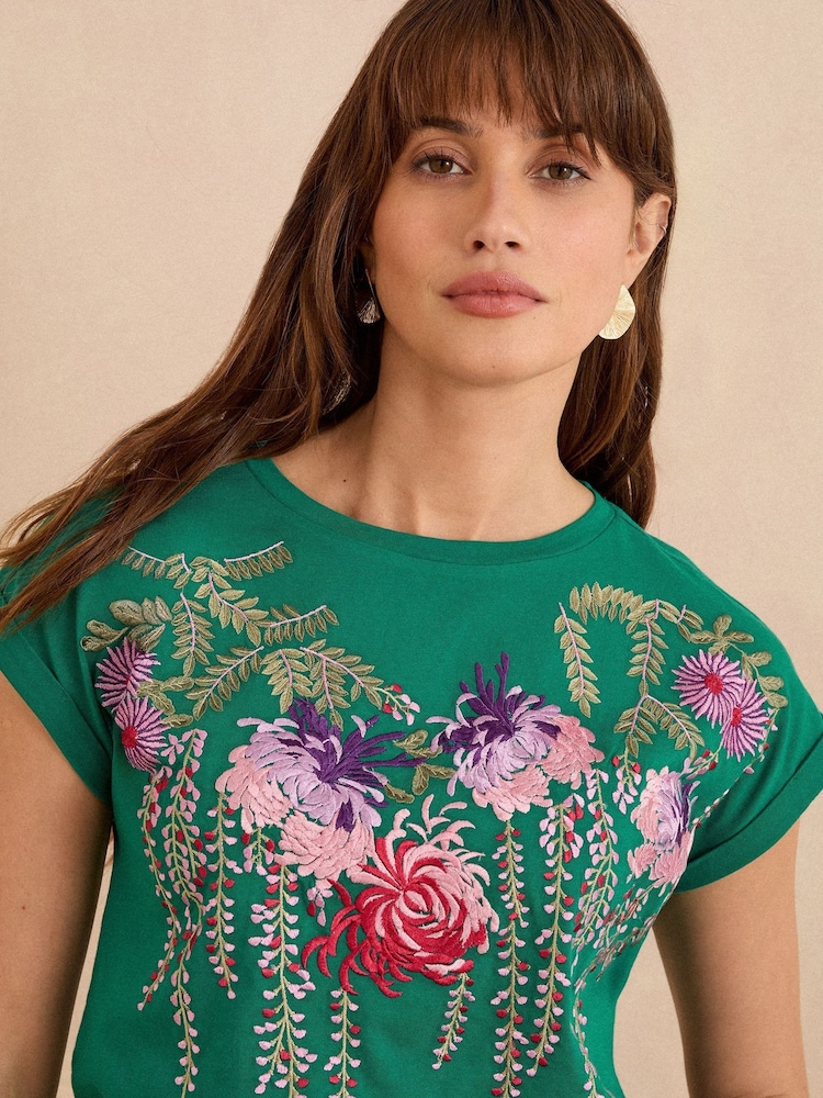 V&A | Love & Roses Teal Blue Floral Petite Embroidered Jersey T-Shirt - Image 2 of 4