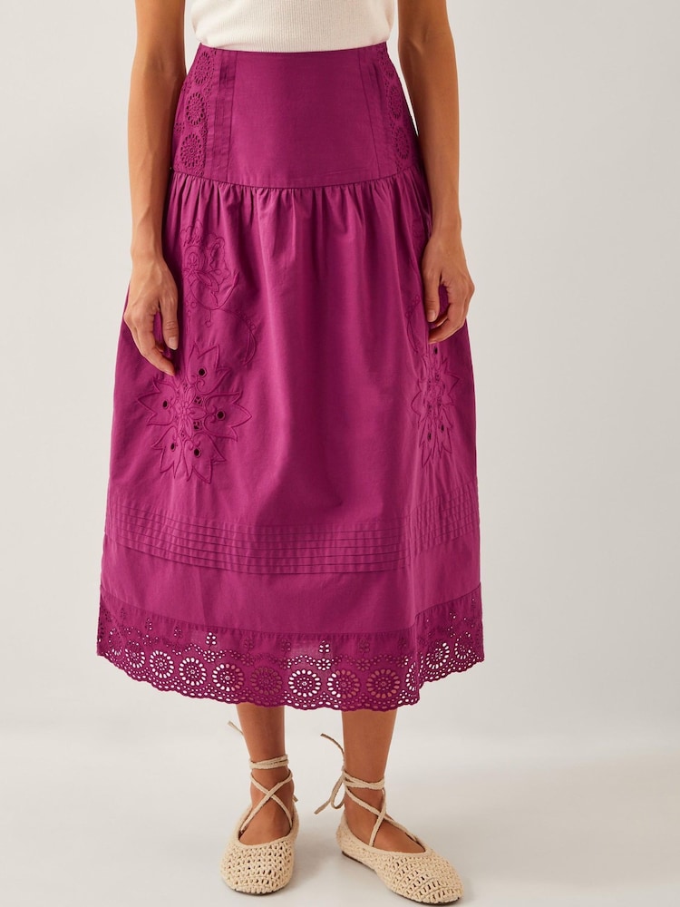 Monsoon Purple Saoirse Broderie 100% Cotton Midi Skirt - Image 2 of 5