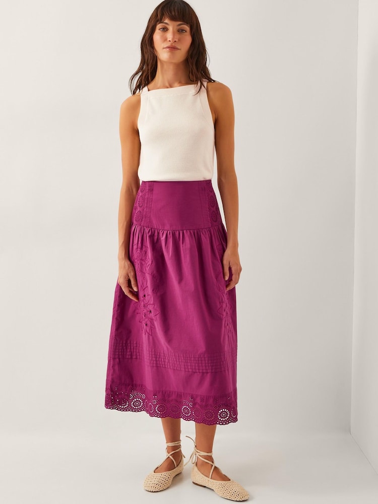 Monsoon Purple Saoirse Broderie 100% Cotton Midi Skirt - Image 5 of 5