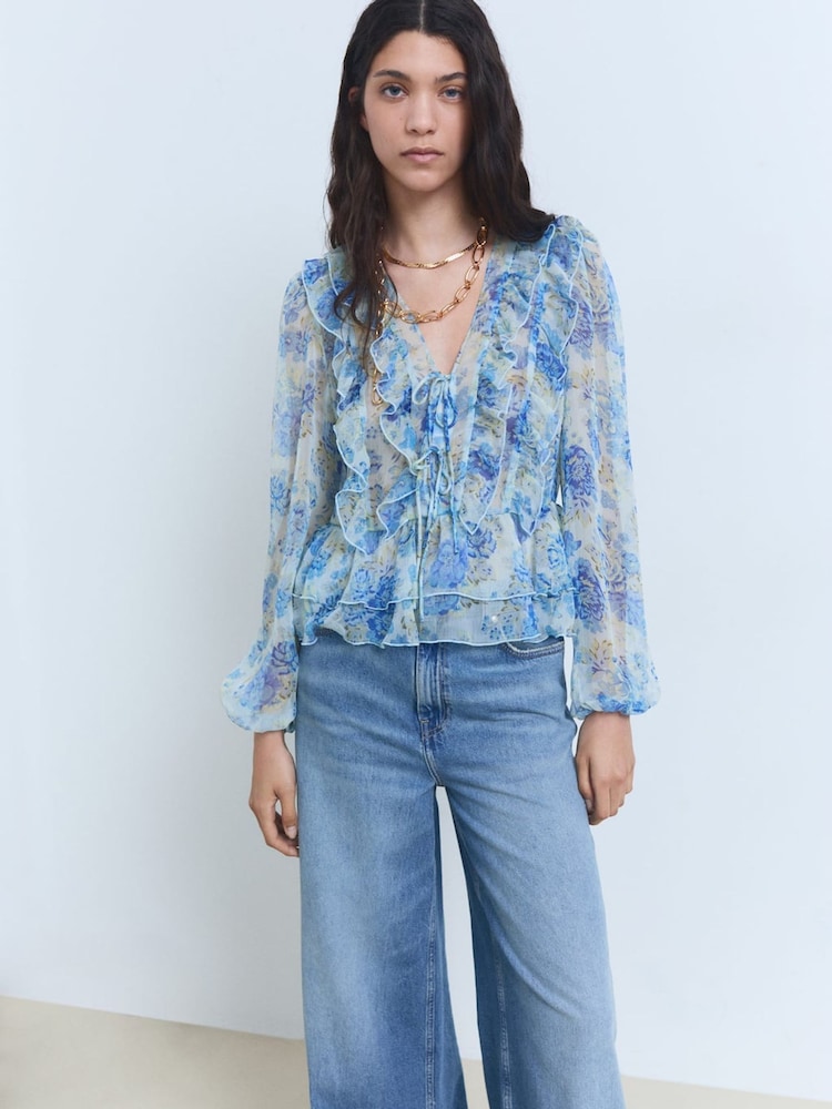 Mango Blue Floral Print Ruffle Blouse - Image 1 of 5 Mango Blue Floral Print Ruffle Blouse - Image 1 of 5
