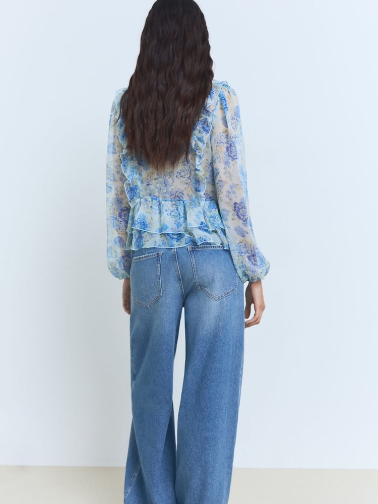 Mango Blue Floral Print Ruffle Blouse - Image 2 of 5 Mango Blue Floral Print Ruffle Blouse - Image 2 of 5