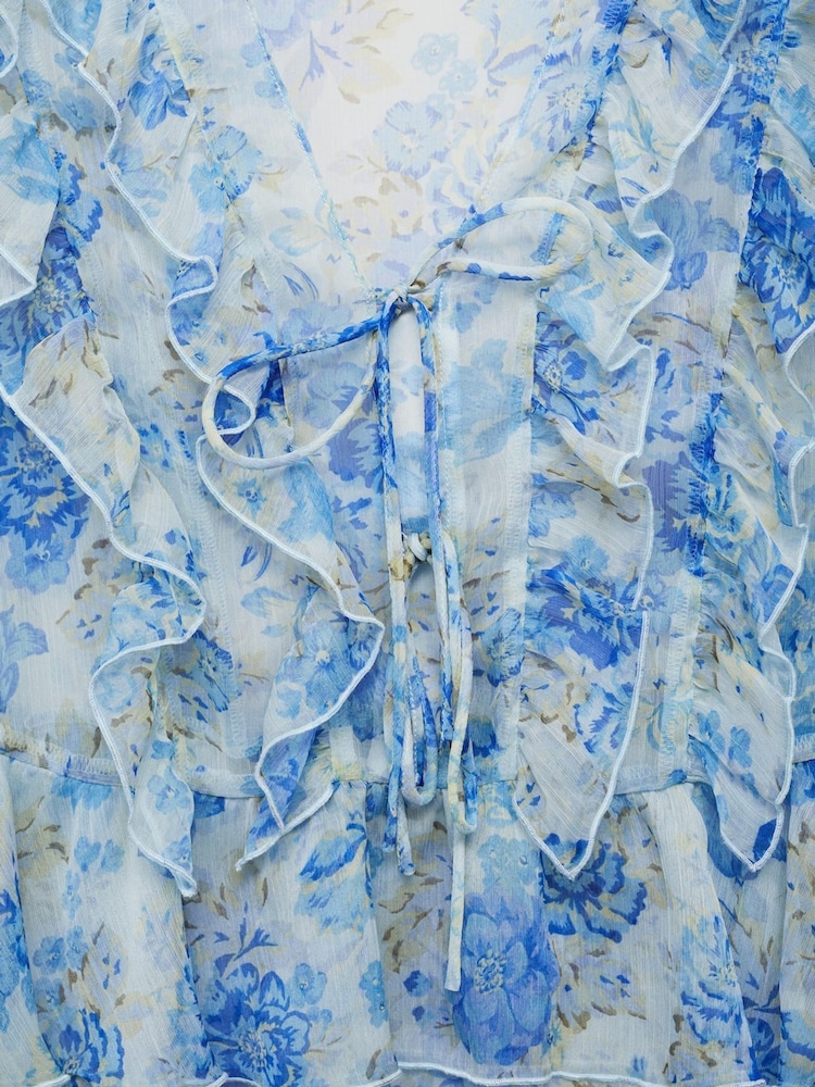 Mango Blue Floral Print Ruffle Blouse - Image 5 of 5 Mango Blue Floral Print Ruffle Blouse - Image 5 of 5