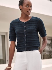 Pure Collection Blue 100% Cotton Short Sleeve Crochet Trim Cardigan - Image 1 of 3