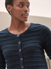 Pure Collection Blue 100% Cotton Short Sleeve Crochet Trim Cardigan - Image 3 of 3