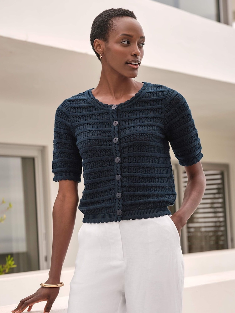 Pure Collection Blue 100% Cotton Short Sleeve Crochet Trim Cardigan - Bild 3 von 3