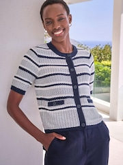 Pure Collection 100% Cotton Textured Short Sleeved Stripe White Cardigan - Image 1 of 3