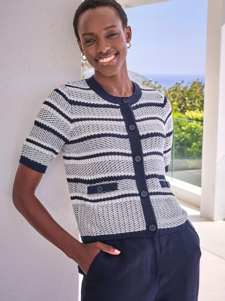 Pure Collection 100% Cotton Textured Short Sleeved Stripe White Cardigan - Image 1 of 3