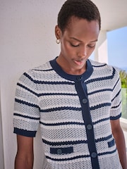 Pure Collection 100% Cotton Textured Short Sleeved Stripe White Cardigan - Image 2 of 3