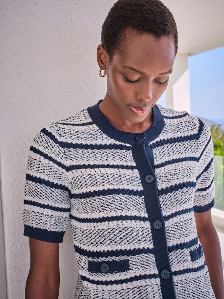Pure Collection 100% Cotton Textured Short Sleeved Stripe White Cardigan - Image 2 of 3 Pure Collection 100% Cotton Textured Short Sleeved Stripe White Cardigan - Image 2 of 3