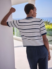 Pure Collection 100% Cotton Textured Short Sleeved Stripe White Cardigan - Image 3 of 3