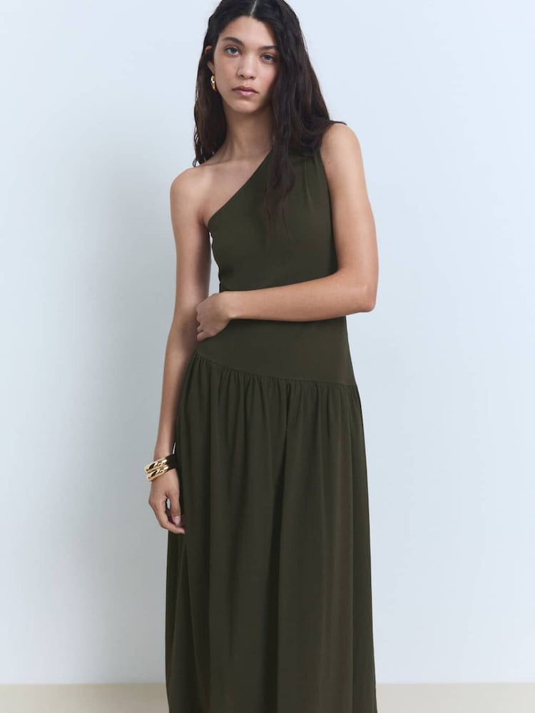 Mango Brown One Shoulder Bubble Hem Midi Dress - Image 1 of 5 Mango Brown One Shoulder Bubble Hem Midi Dress - Image 1 of 5
