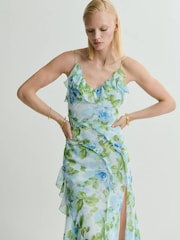 Mango Blue Floral Print Ruffle Occasion Chiffon Slip Maxi Dress - Image 1 of 6