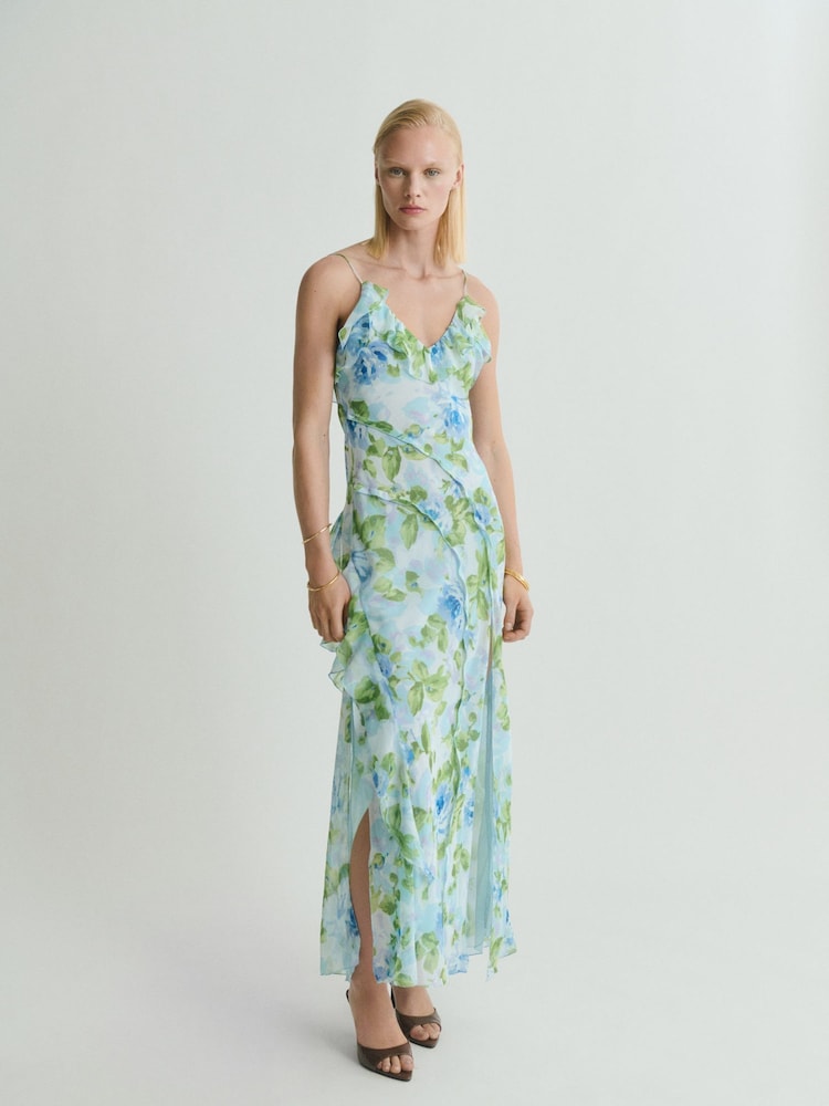 Mango Blue Floral Print Ruffle Occasion Chiffon Slip Maxi Dress - Image 1 of 7 Mango Blue Floral Print Ruffle Occasion Chiffon Slip Maxi Dress - Image 1 of 7