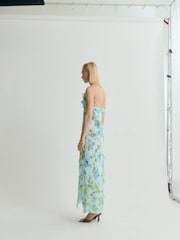Mango Blue Floral Print Ruffle Occasion Chiffon Slip Maxi Dress - Image 2 of 6