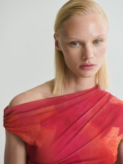 Mango Pink Mesh Asymmetric Midi Dress - Image 4 of 6