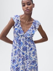 Mango Blue Floral Ruffle Midi Dress - Image 1 of 6