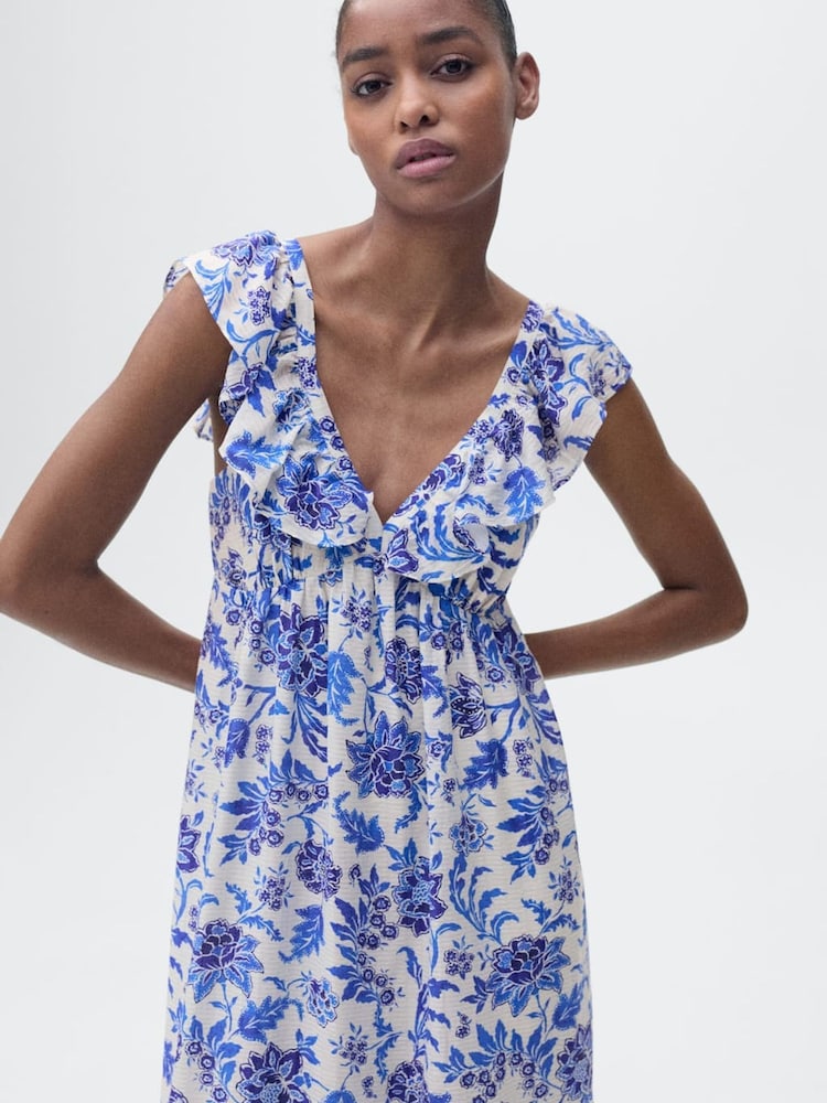 Mango Blue Floral Ruffle Midi Dress - Image 1 of 6 Mango Blue Floral Ruffle Midi Dress - Image 1 of 6