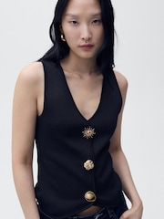 Mango Blue Jewel Button Detail Knitted Waistcoat - Image 1 of 5
