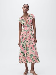 Mango Pink Floral Midi Shirt Dress - Image 1 of 6